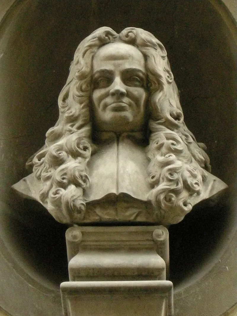 Busto in marmo di Vincenzo da Filicaja con lunga parrucca, in una nicchia ovale