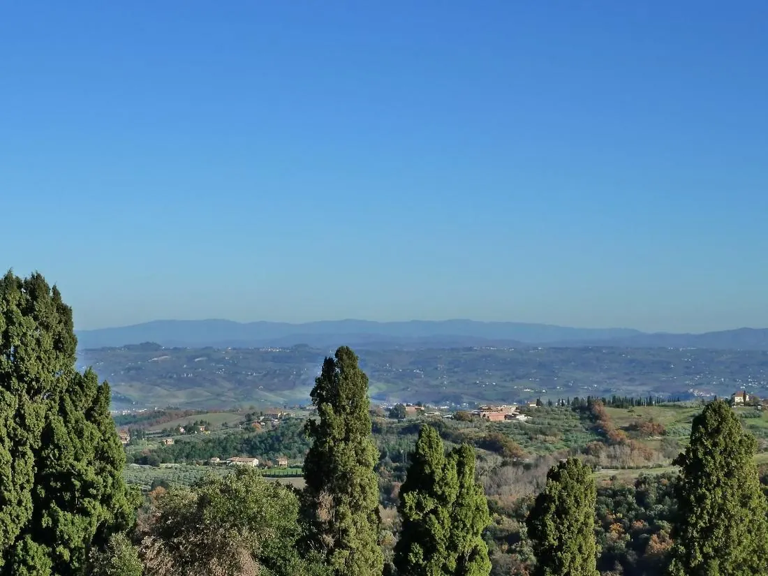 Paesaggio toscano con cipressi visto dalla tenuta