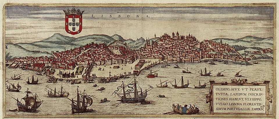 Veduta di Lisbona nel 1572 dal Tago, con le navi nel porto e lo stemma del Portogallo